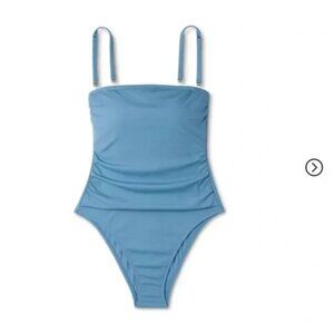 NEW Shade & Shore Women's Shirred Ribbed Bandeau Cheeky One Piece Swimsuit Blue